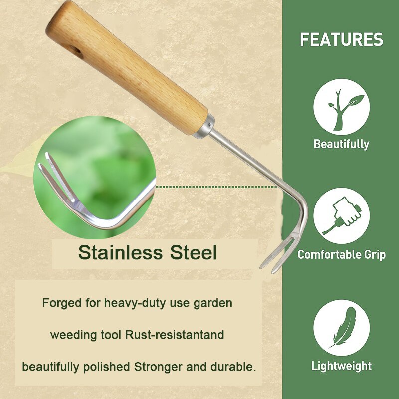 Garden Grass Hand Weeder Wood Handle Stainless Steel Grassroots Weeding Deeper Digging Removal Cutter Puller Tool Yard Lawn Farm