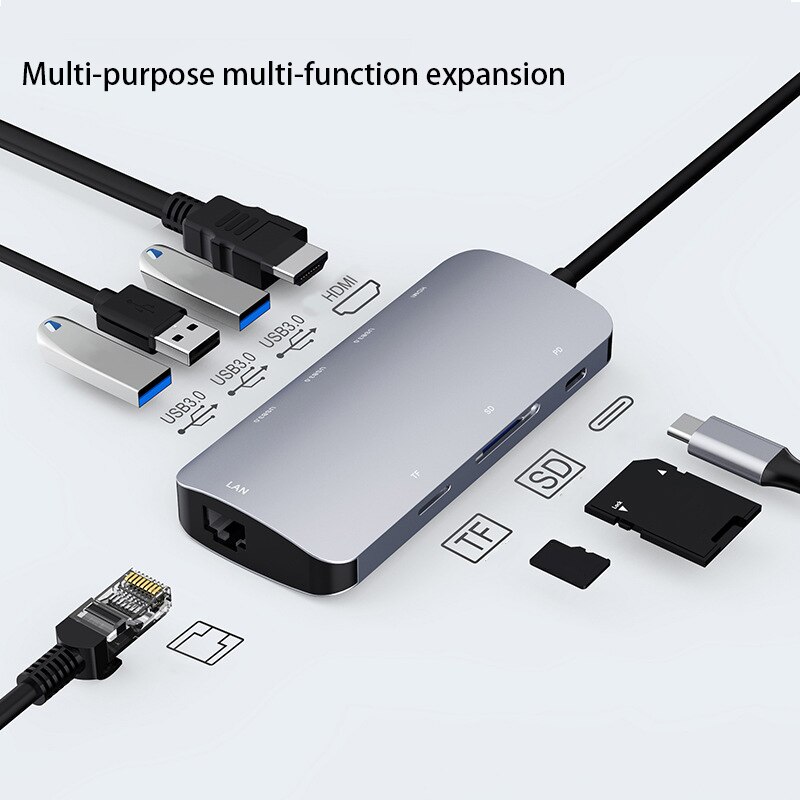 Type-C8 em 1 docking station, TYPE-C para pd + nic + tf/sd + 3 x usb3.0 + conversor de interface hdmi