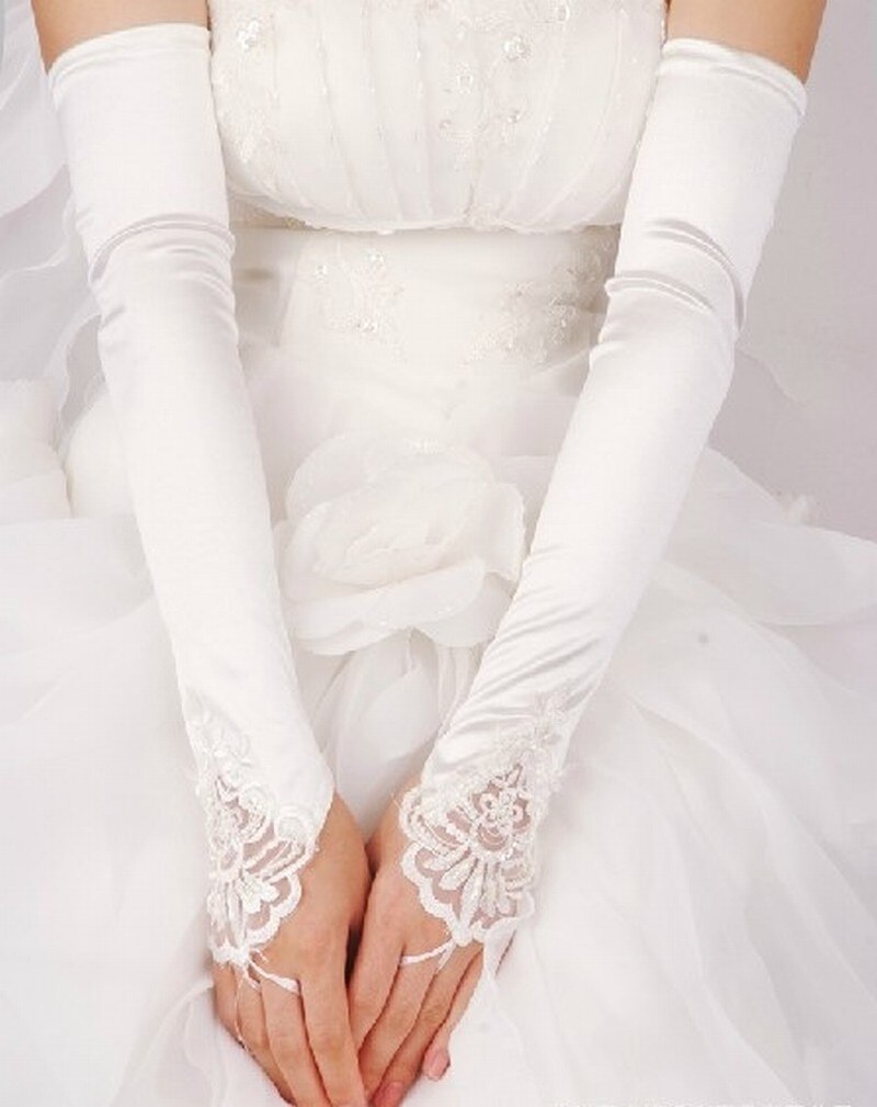 Ladies Long Bridal Glove Sheer Beading White Lace Fingerless Satin Gloves for Bride Weeding Accessoire vestidos de novia