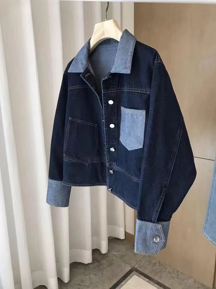 Retro contrasterende kleur revers denim jasje voor dames 2025, herfst losse single-breasted jassen, casual veelzijdige korte top: XL