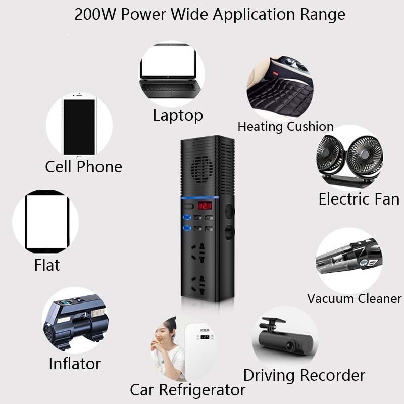 Bil inverter 12v/24v to 220v husholdnings strømomformer multifunktion 200w qc 3.0 hurtigoplader bilstik til bil/lastbil