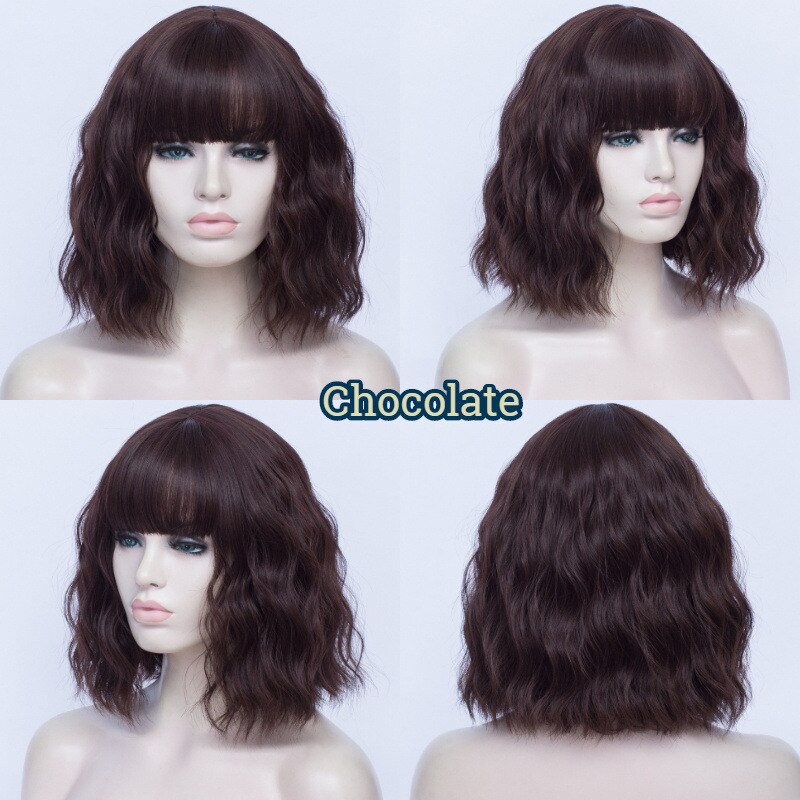 MSIWIGS-Peluca de cabello ondulado corto con flequillo para mujer, peluca completa sintética barata, color negro, fibra resistente al calor, marrón, falsa: # 2