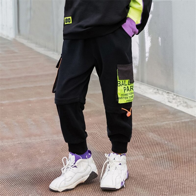 Calça cargo de algodão para bebês, roupas casuais para garotos hip-hop de recém-nascidos com bolsos coloridos, cintura elástica, primavera/outono 3 a 12 crianças