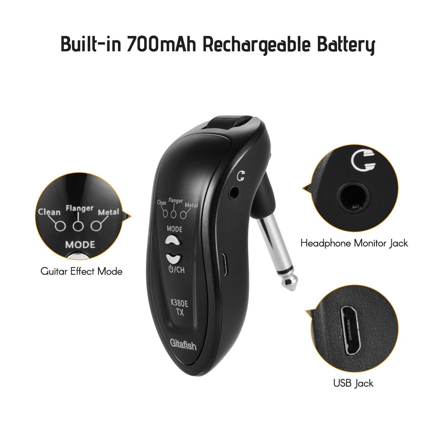 Wireless Guitar System 2.4G Transmitter Receiver Built-in Rechargeable Battery 15-20m Transmission Range Accessories