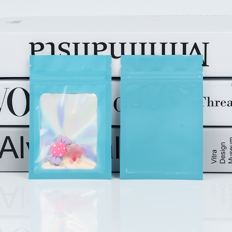 100 szt. Kolorowe Czarne Holograficzne Torebki Mylarowe Samozamykające z Zamkiem Błyskawicznym i Okienkiem, Plastikowe, Zapobiegające Nieprzyjemnym Zapachom: Niebieski