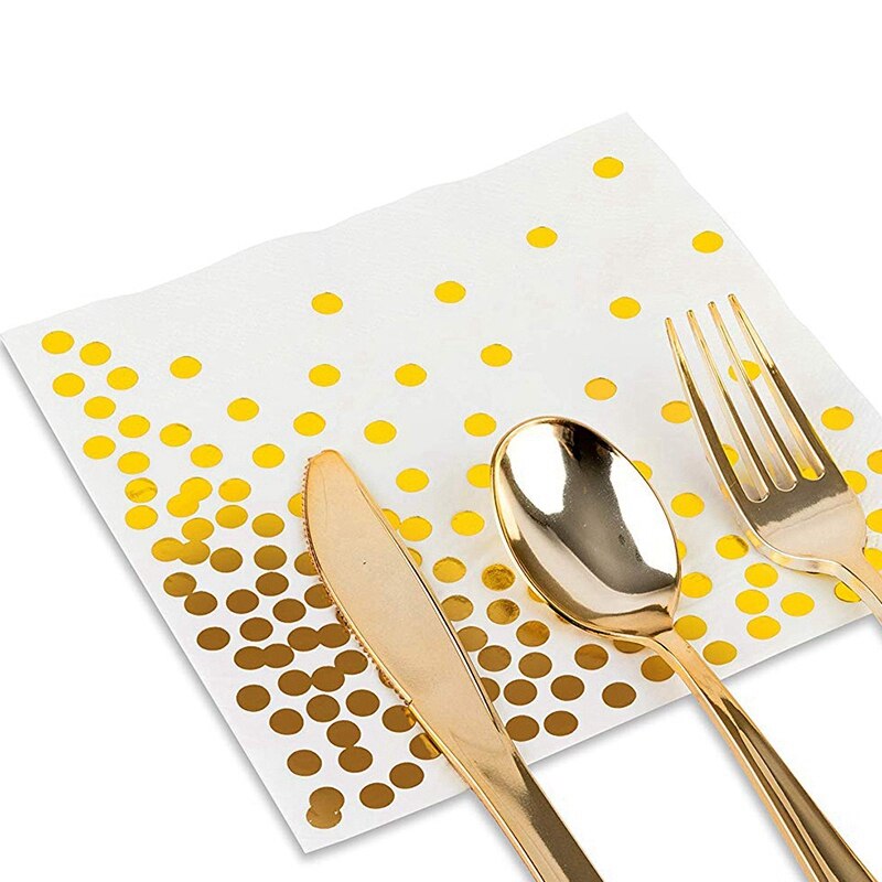 Gold Dot Cocktail Napkins (100 Pack)3-Ply Paper Napkins with Gold Foil Polka Dots Perfect for Birthday Party