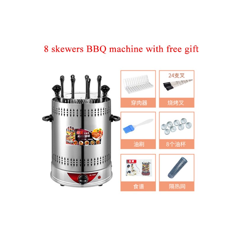 Elektrisk bbq grill maskine automatisk roterende grill røgfri spyd automatisk roterende timing grill maskine husstand: 8 spyd