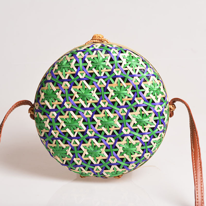 Sac rond en paille de bambou pour femmes, sacoche à bandoulière fait main bohème, sac de plage d'été creux initié, boîte Asus tissée en rotin: BLEU CIEL