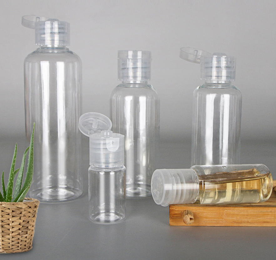 5 uds 30/50/100ML botella transparente de plástico vacía recargable con tapa abatible botellas de viaje portátiles para champú y acondicionador