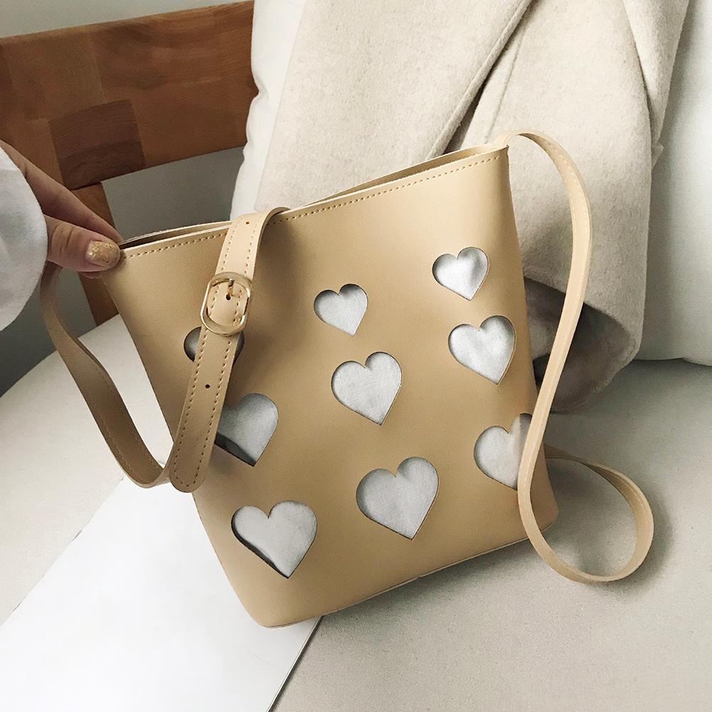 Ins Mode Vrouwen Hart Hollow Out Emmer Zakken Zachte Pu Lederen Messenger Schoudertas Vrouwelijke Effen Composiet Zakken Bolsos: Camel