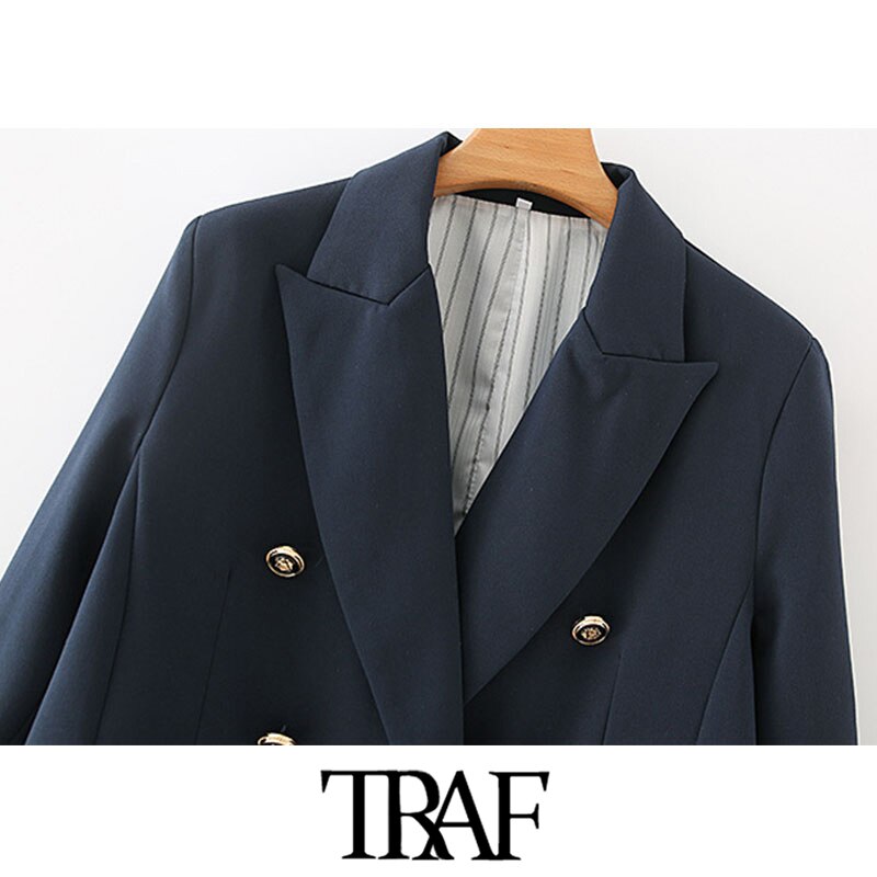 Traf kvinder kontortøj dobbeltradet blazer frakke vintage langærmede lommer kvindeligt overtøj smarte toppe