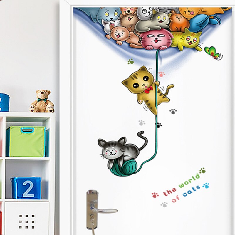 Mooie Cartoon Katten Deur Decor Art Muurstickers Lijn Bal Kat Home Decor Voor Kinderkamer Leuke Dieren Pvc Vinyl muurstickers