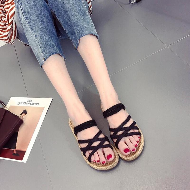 YEELOCA Hanf Seil Kreuz-krawatte Frauen Unterhose-an Strand Sandalen Pumps schneiden-aus Hausschuhe Frauen Schuhe Wohnungen zandalias De Verano Mujer