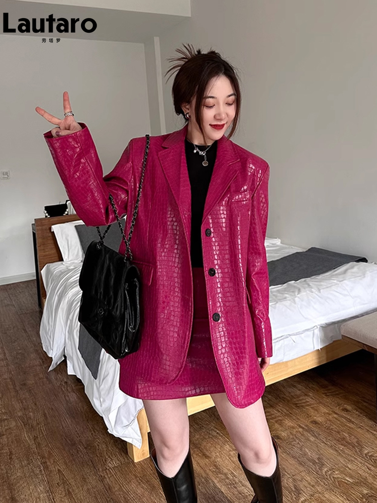 Lautaro-krokodillenprint lak PU lederen blazer dames, casual glanzende krokodillenprint, enkele rij knopen, luxe designerkleding