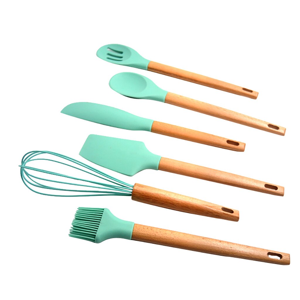 Silicone Cooking Utensils Set Kitchen Utensil Set Of 6Pcs Wooden Cookin