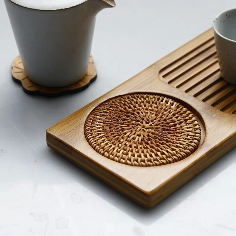 Rectangle Serving Tray Tea Storage Plate With Rattan Mat Kung Fu Tea Set Storage Tea Board Tray Kitchen Hotel Accessories ZB53