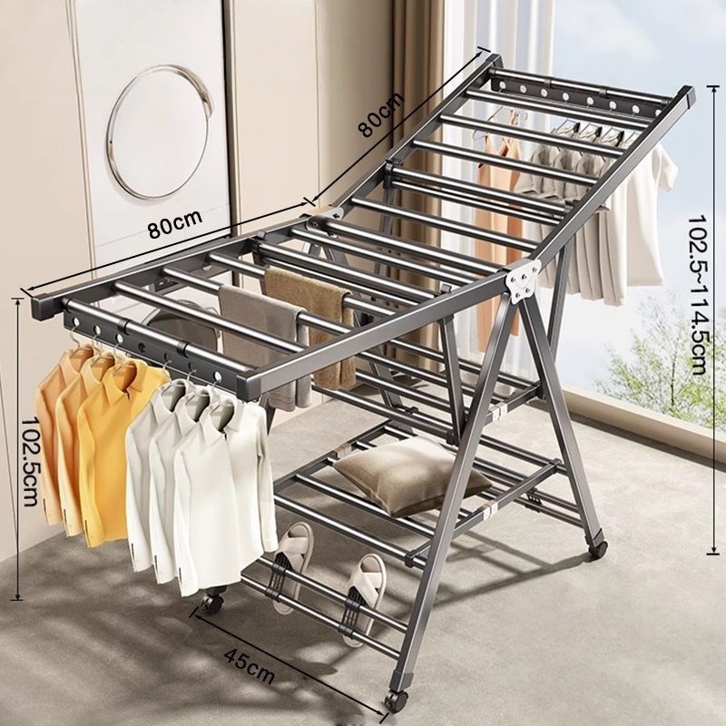 Tendedero de ropa para balcón, estante de secado de ropa móvil plegable de pie para el hogar, tendedero de edredón para dormitorio, 3 pisos: Gris claro