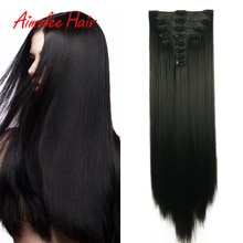 Extensiones de cabello de 28 pulgadas, 8 unidades/juego, pelo sintético largo y recto, Clip-in, negro, marrón, realce, fibra de pelo de alta temperatura
