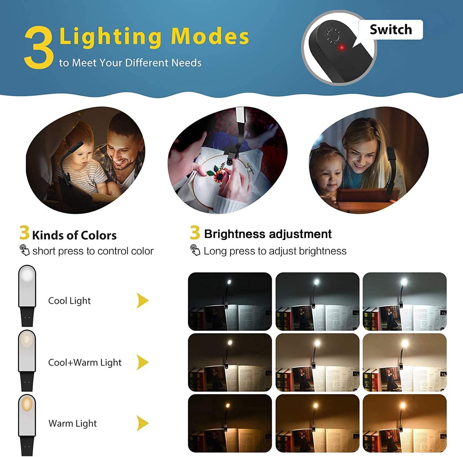 Lampe De Lecture Rechargeable USB - Capteur Tactile, Flexible, 3 Modes De Luminosité Et Température, Clip Intégré - 4