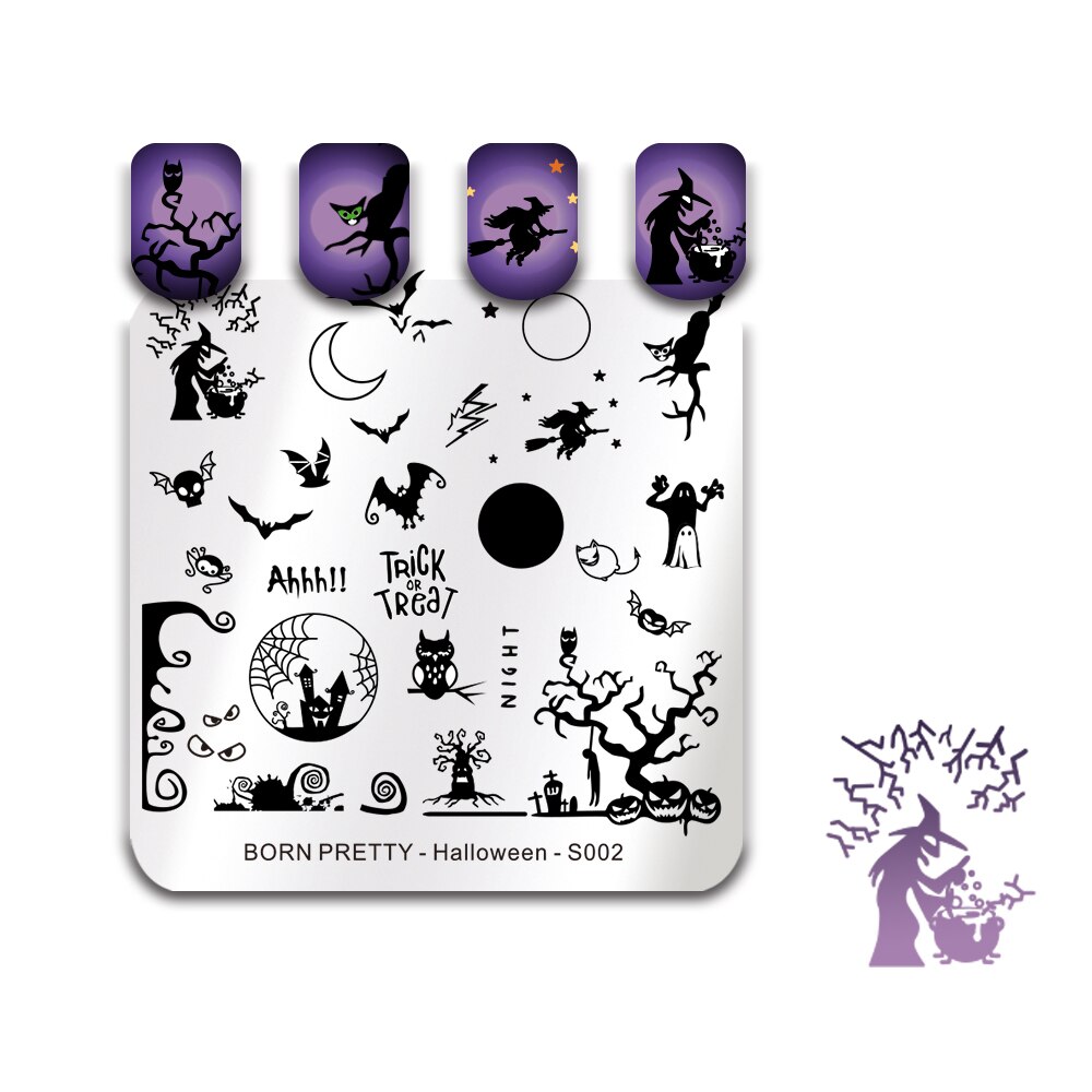 Født pen stempling plater blomster gresskar lykt flaggermus bland bilde rektangel rustfritt stål neglekunst mal halloween tema: Halloween  - s002