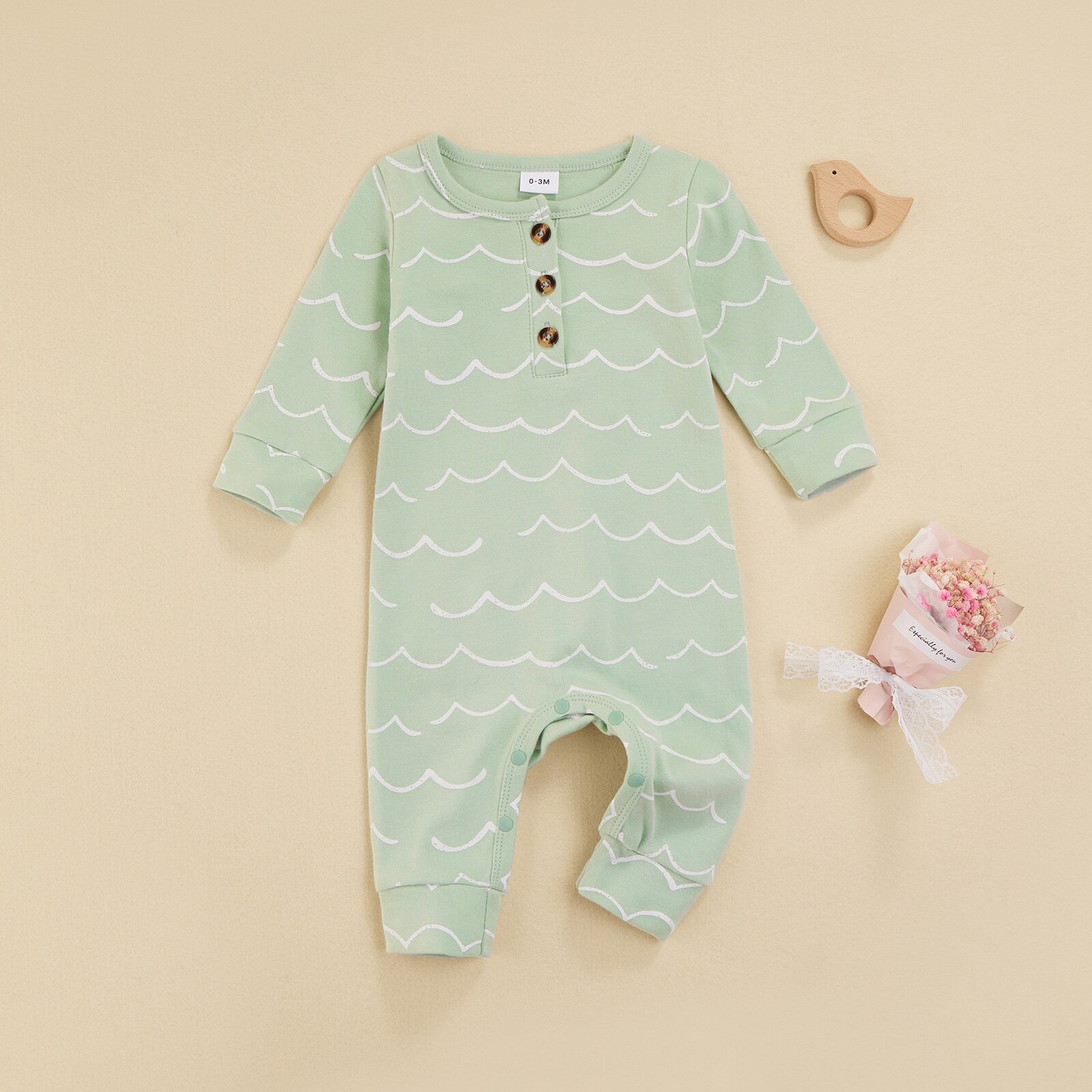 0-18M tuta da ragazzo per bambina Casual stampa a onde girocollo manica lunga bottone pagliaccetto in cotone primavera autunno abiti