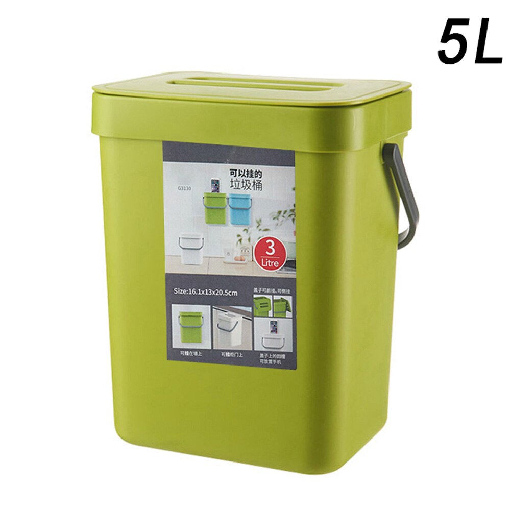 Poubelle à suspendre pour cuisine, maison, chambre à coucher, salle de bains, poubelle murale en plastique, carrée, TN99: Green 5L