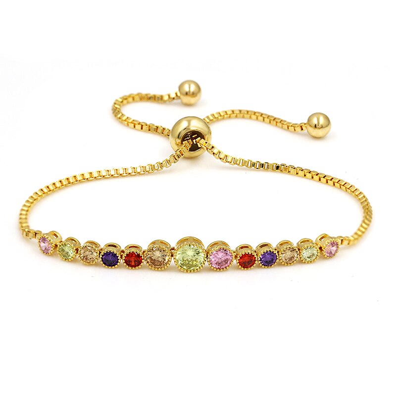 Baiduqiandu nova chegada cor do arco-íris corte redondo zircônia cúbica cz cristal pulseiras ajustáveis em cores sortidas: rainbow 14k gold