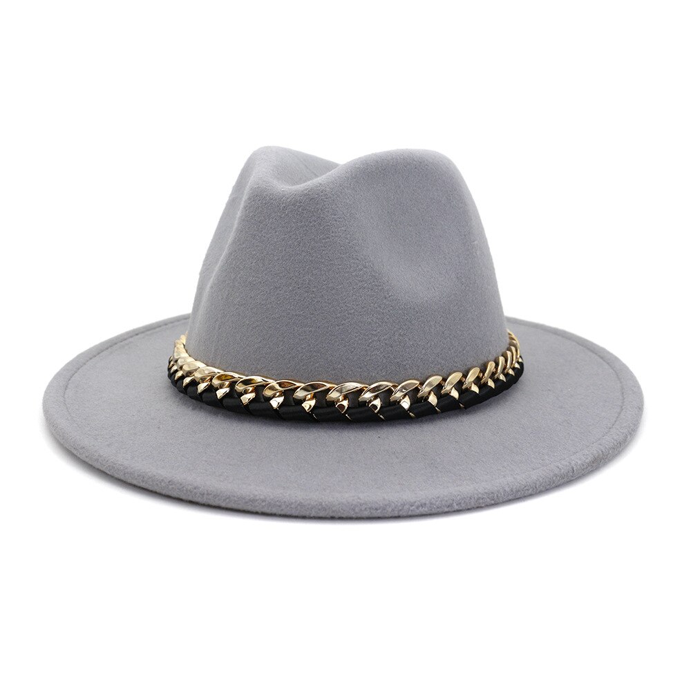 Europæisk amerikansk imiteret uldne bowlerhatte til kvinder mænd vinter efterår vintage bredskygget top jazzhat fedora kasketter med kæde: 16