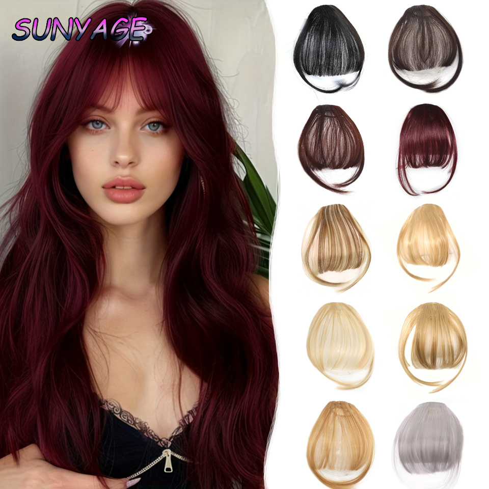 Sunyage natural em linha reta sintética sem corte franja de fibra de alta temperatura marrom feminino clip-in franja completa com franja de cabelo 6 Polegada