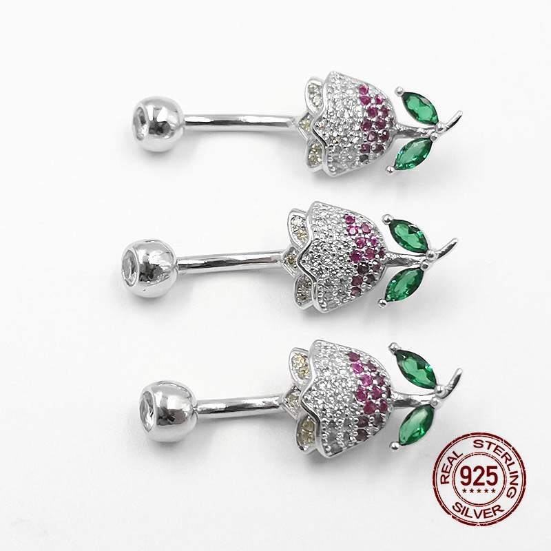 Hallolook – Piercing de Nombril en argent Sterling 925, fleur, anneau de Nombril, Anti-allergie, Zircon, barres de Piercing, bijoux