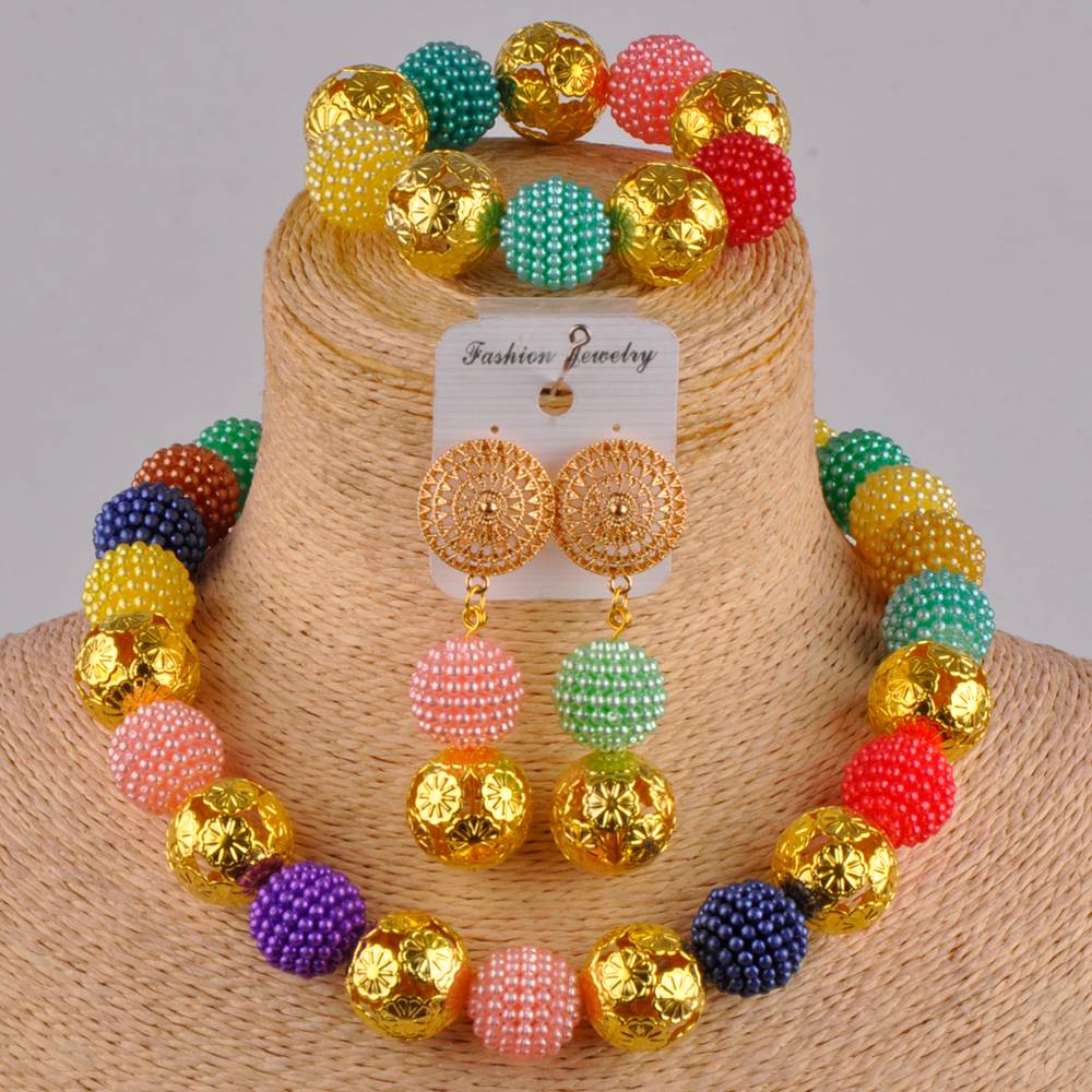 Klassieke nigeriaanse trouwsieraden, afrikaanse bruidsjurkaccessoires, perzikkleurige imitatieparelkettingset (az -77): Veelkleurige