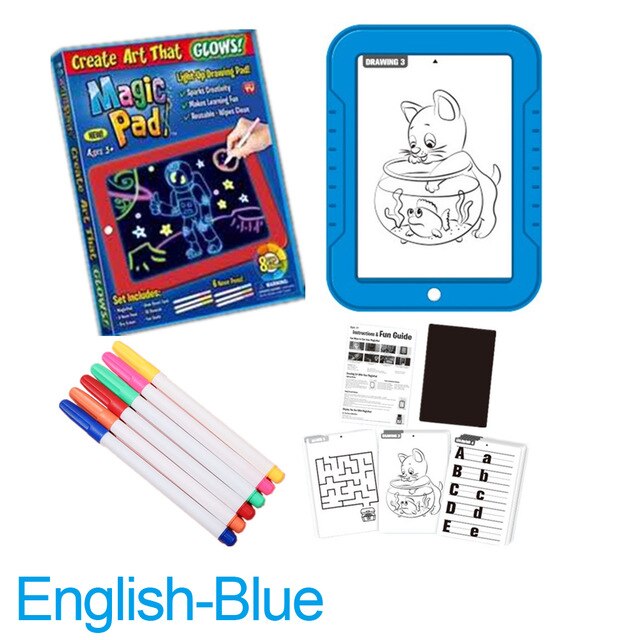 Magic Pad 3D planche à dessin pour enfants tableaux d'écriture électroniques plaque peinte à la main coloré lumineux Graffiti peinture Pad: English-Blue