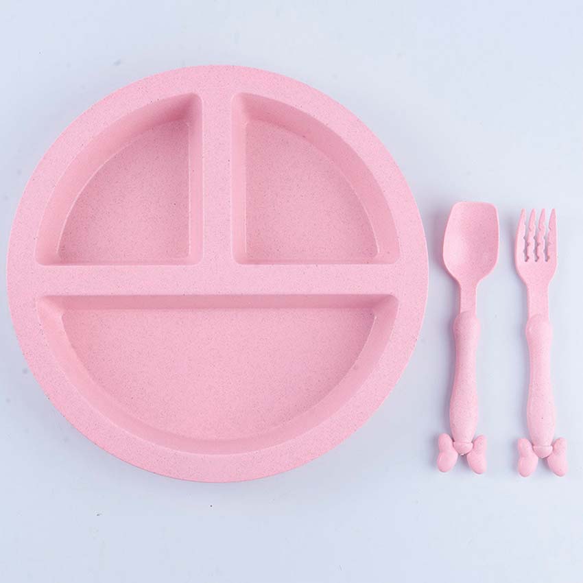 Cartoon Baby Dishes Wheat Fiber Sub-grid Plates Irregular Children Tableware For Infant Toddler Kids Feeding Utensils: Pink Smile Set