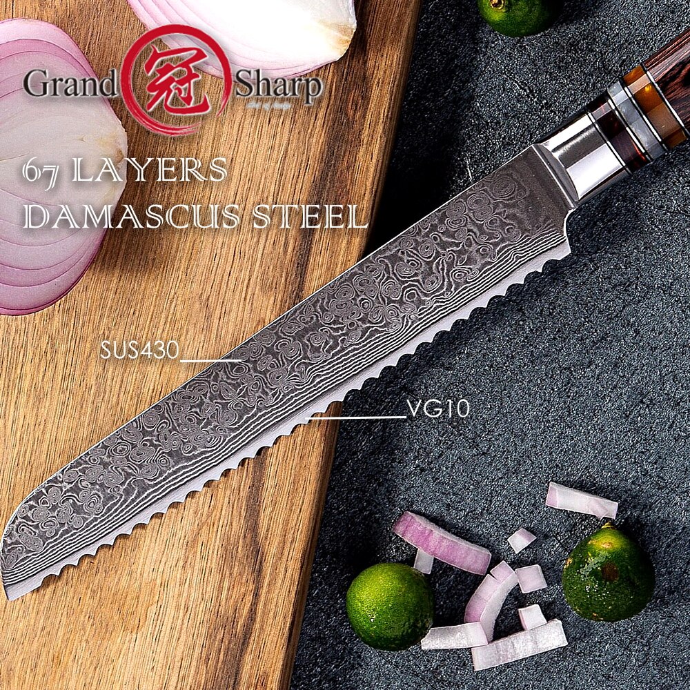 Damascus Kitchen Knives vg10 Japanese Damascus Steel Bread Knife Cake Slicing Bakery Tools Serrated Stainless Damascus Blade