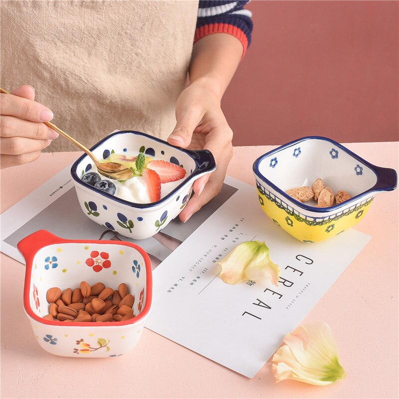 EECAMAIL Hand-painted Cute Ceramic Square Small Bowl Fruit Salad Bowl Yogurt Cup Dessert Bowl Pudding Bowl Baby Complementary