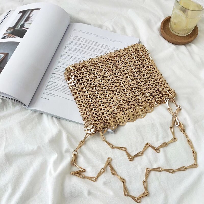 luxury Women Bags Metal Sequins Chain Woven Bag Hollow Evening Bags Clutch Female Travel Shoulder Bag Handbag: Handbag gold