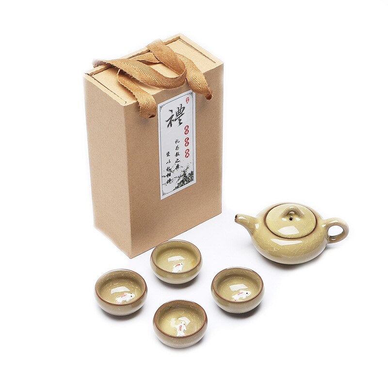 Carp Ice Crack Chinese Tea Travel Set Kung Fu Tea Set Ceramic Portable Teapot Porcelain Teaset Gaiwan Tea Cups Tea Tool: Yellow 5Pcs Gift Box