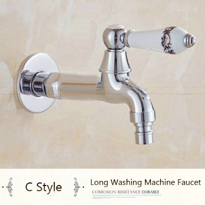 Chrome Polish Copper Faucet Porcelian/Jade Handle Garden Bibcock Washing Machine Faucet Outdoor Faucet Single Cold Tap 1015C: Long C  Chrome