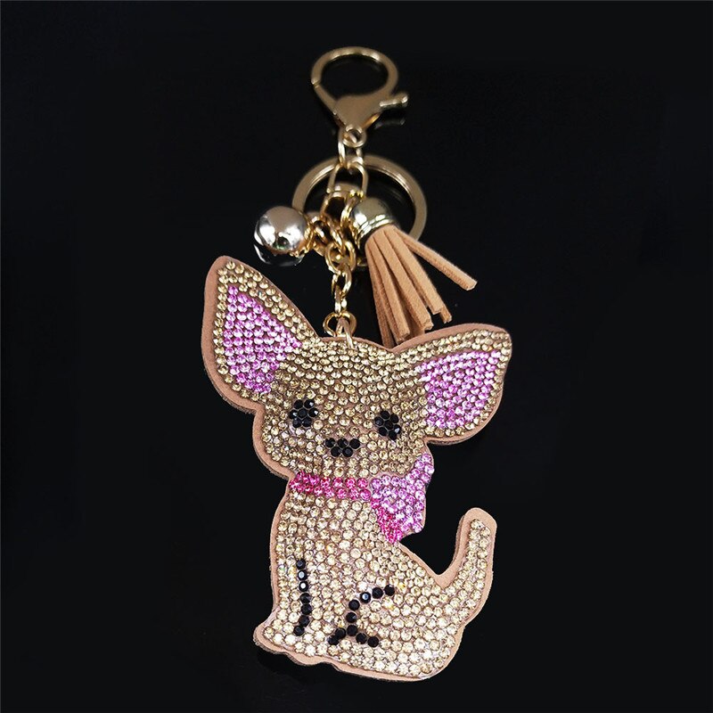 Chihuahua Dog Crystal Bag Accessories for Women Yellow Gold Color Keyring Jewelry llaveros para mujer K2502S01