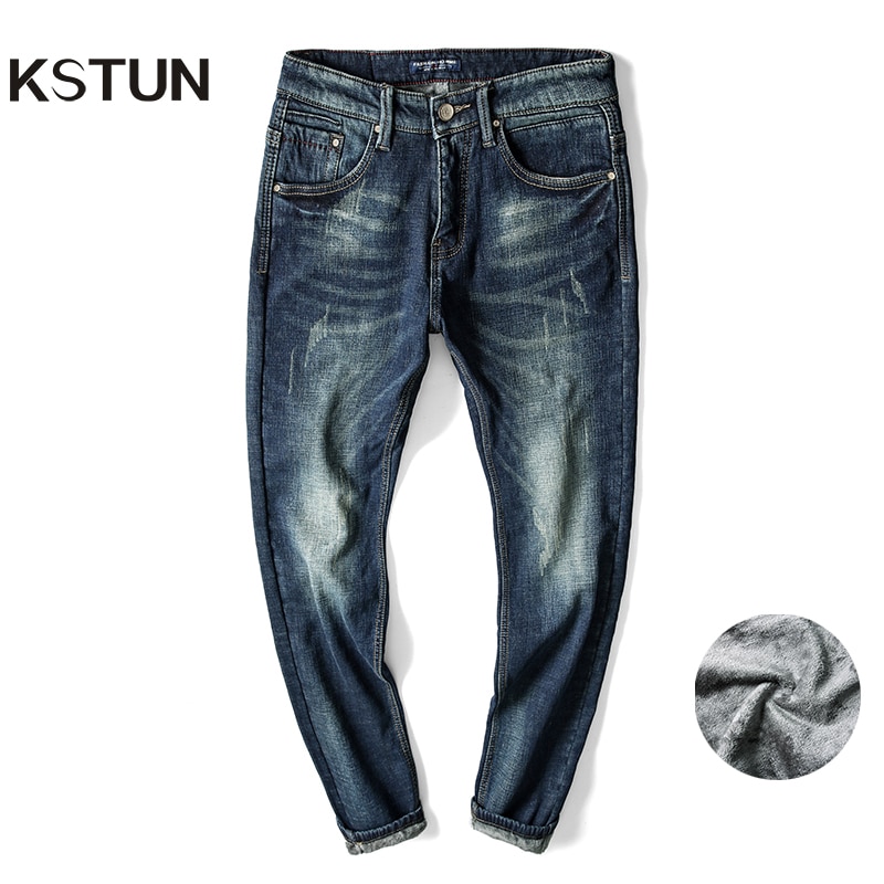 pantalones vaqueros cálidos de invierno para hombre de Denim grueso elástico ajustado Fit azul pantalones de Jean con aislamiento térmico más polar de famoso Hombre Jeans Hombre