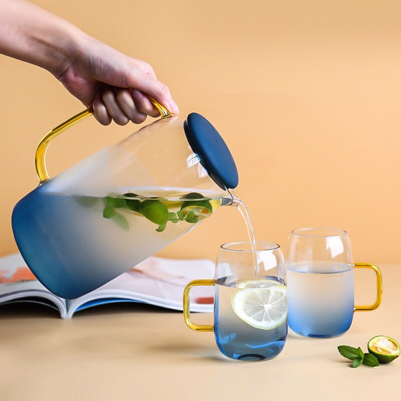 Théière en verre borosilice de 1500ML | Avec couvercle en or poignée tasses pour jus de fruits, eau et café théière fleur grande bouilloire