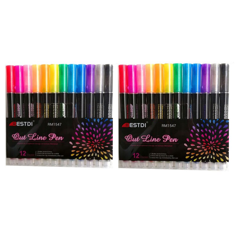 12 Color Metal Paint Marker Pen set Double Line Pen Outline Marker Glitter for Drawing Painting Doodling School Supplies: 2 set 12 Colors