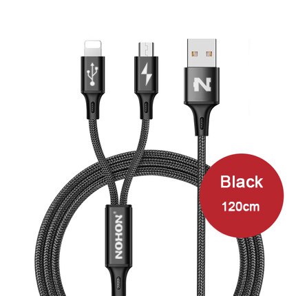 Nohon 2 In 1 Usb Kabel Micro 8Pin Usb Snel Opladen Kabels Voor Iphone 8X7 6 6S plus Ipad Ipod Samsung Nokia Nylon Draad: 2-in-1 120cm Black