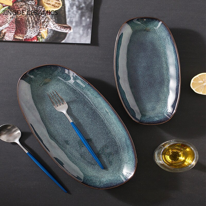 Oval Ceramic Shallow Plate Japanese Sushi Dish Steamed Fish Household Large Fish Plate SteakHand-Pulled Noodle Tray