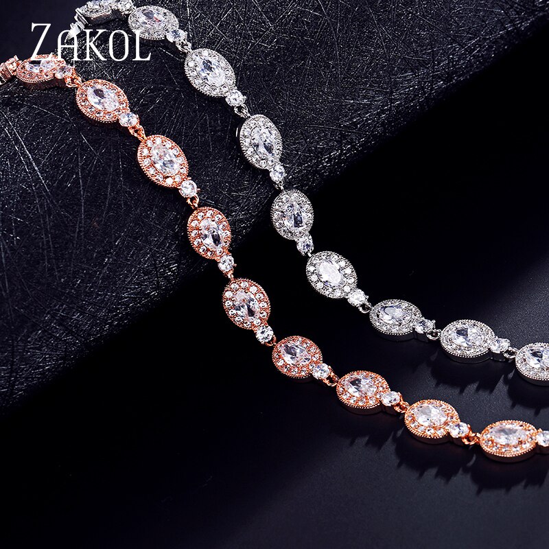 ZAKOL blanco rosa Color oro forma ovalada Zirconia cúbica cristal mujer pulsera boda pulseras joyería FSBP2115