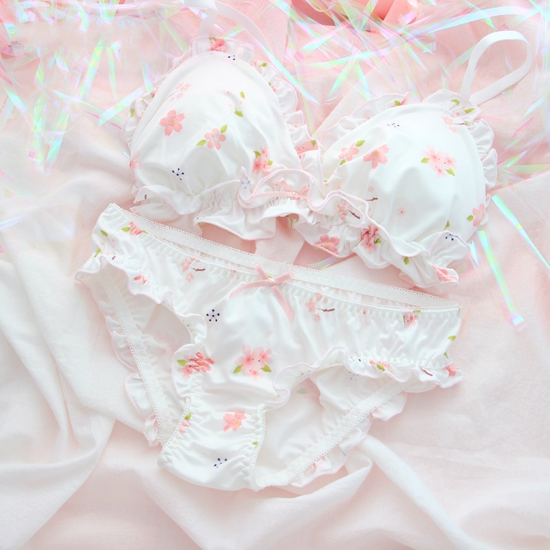 Pink Sakura Cute Japanese Bra & Panties Set Wirefree Soft Underwear Sleep Intimates Set Kawaii Lolita bra and panty set