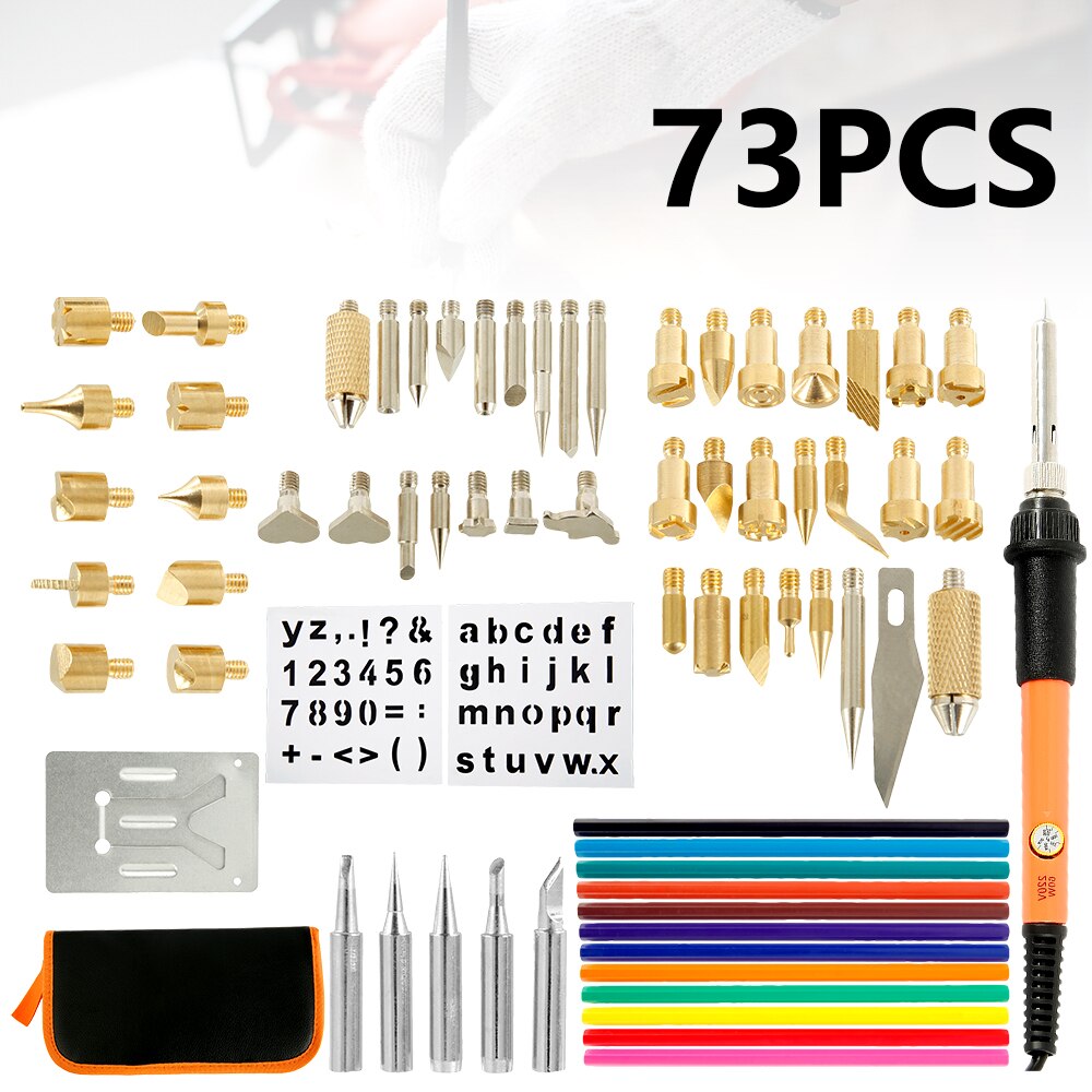 73pcs Carving Pyrography Pen Kit Wood Burning Wood Embossing Burning Set 60W Adjustable Temperature Soldering Iron Welding Tool