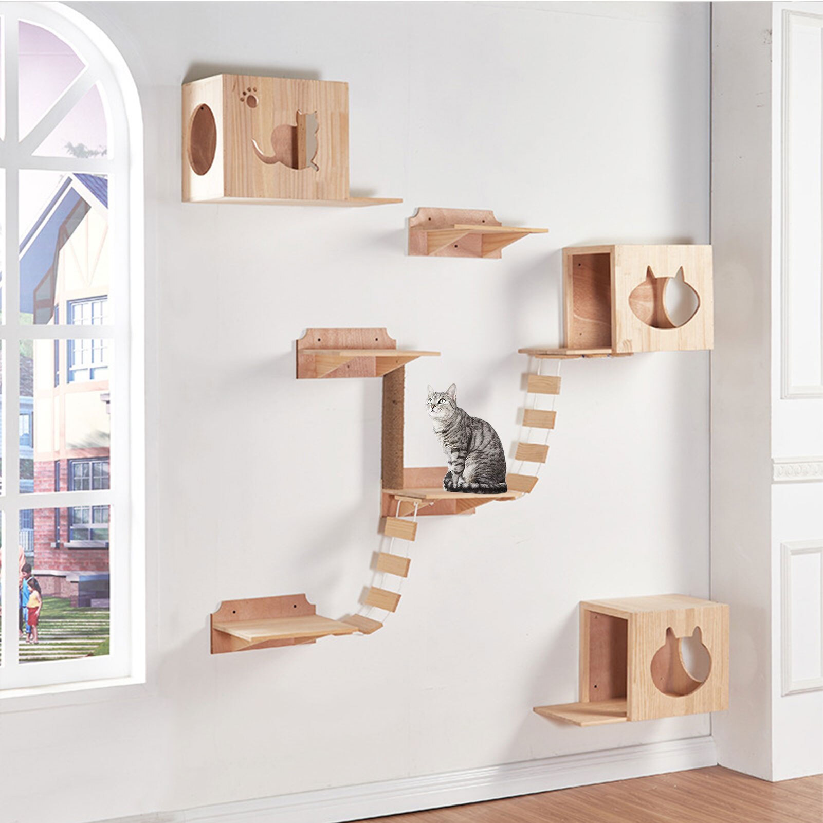 Cat Bridge Climbing Frame Wood DIY Pet Cat Tree House Bed Hammock Sisal Scratching Post Cat Furniture Cat Toy Wall Mounted