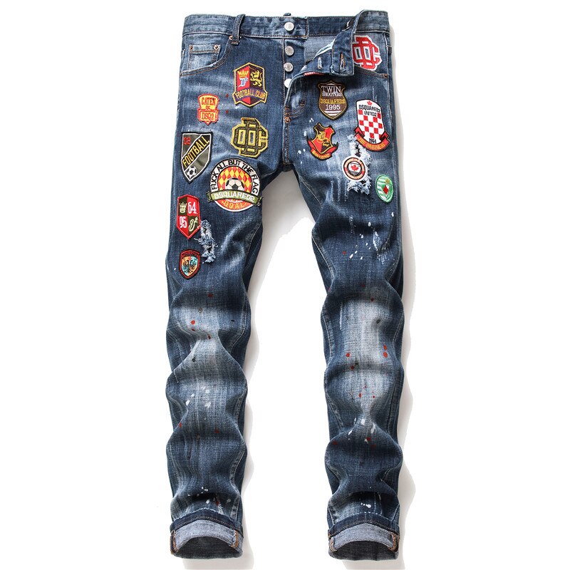 Bekende merken heren slim jeans gescheurde jeans voor mannen kleine stretch verf badge broek herenkleding hiphop streetwear blauw: 38