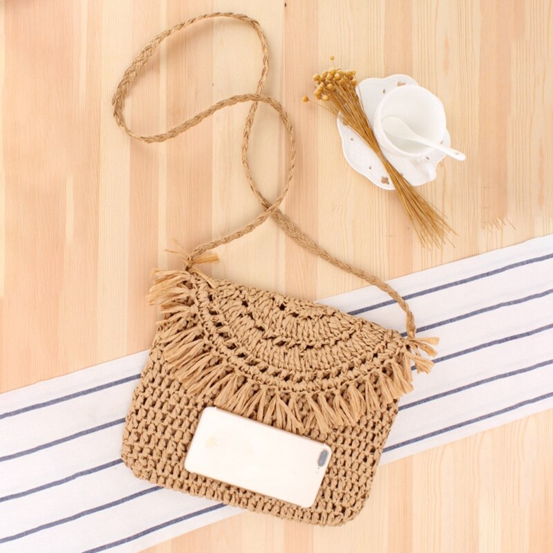 Handgjord krok blomma tofs vävd väska casual messenger vävd väska semester strandväska kamel